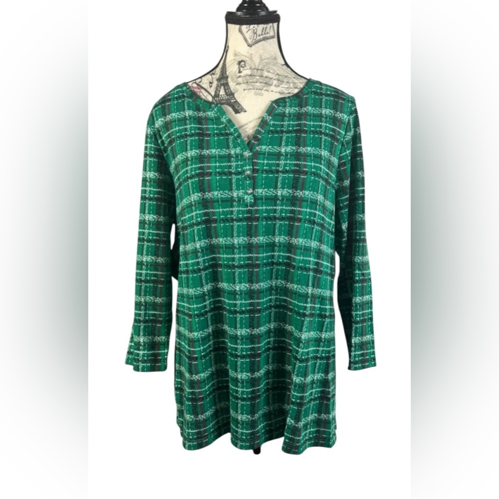 Karen Scott Green/Red Christmas Plaid Buttoned V-Neck Long Sleeve Tunic Size L - Picture 1 of 10
